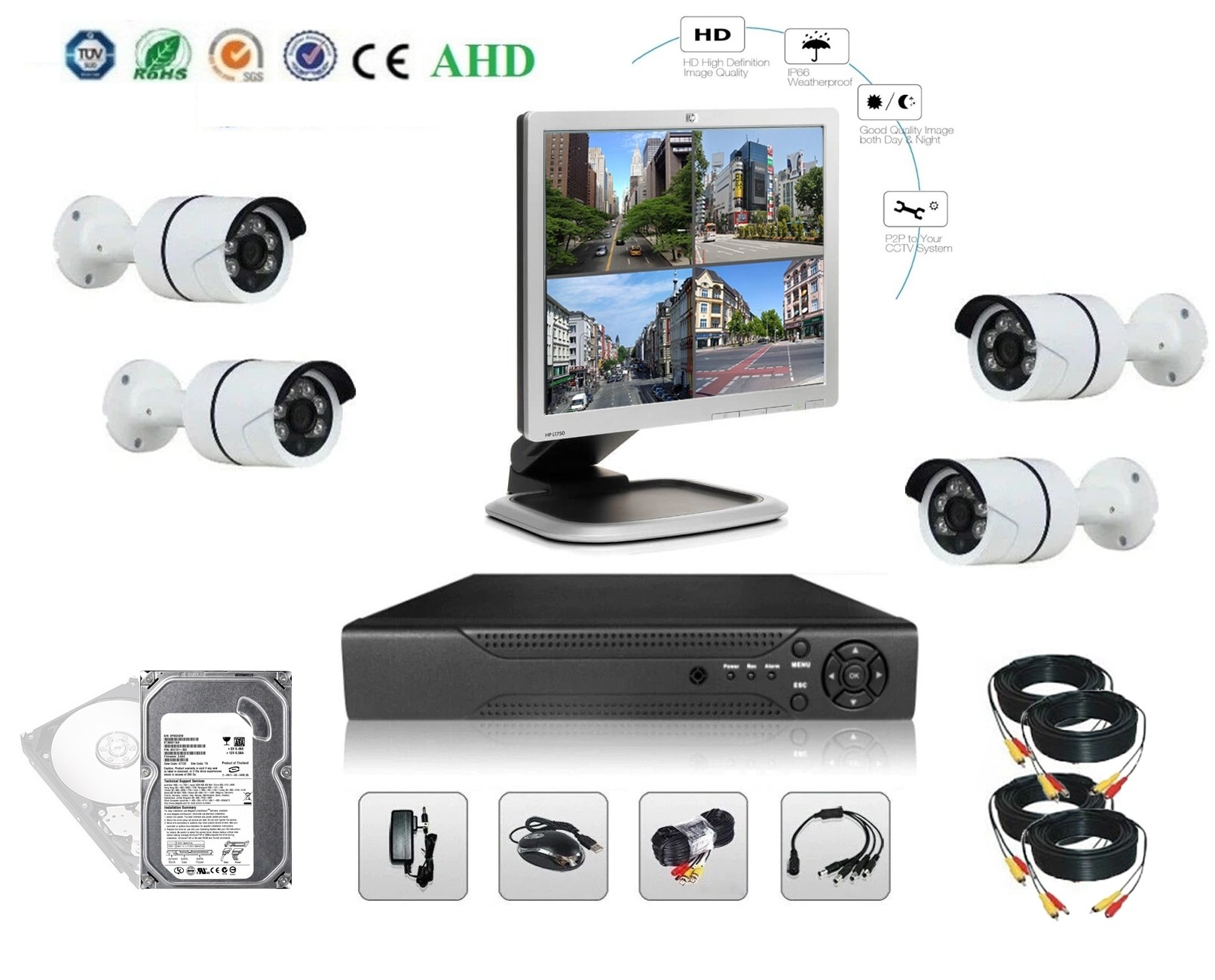 Sistem complet, supraveghere monitorizare video CCTV FULL HD, DVR 4 camere interior/exterior cu HDD si Monitor