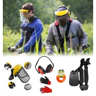 Echipament de protecție și accesorii pentru motocoasă: mască, căști antifoane, mănuși, ham, fir nylon
